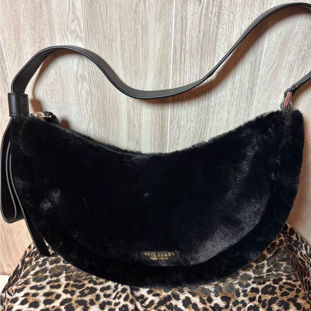 Kate Spade Smile Crescent Elegant Black Faux Fur Shoulder Bag